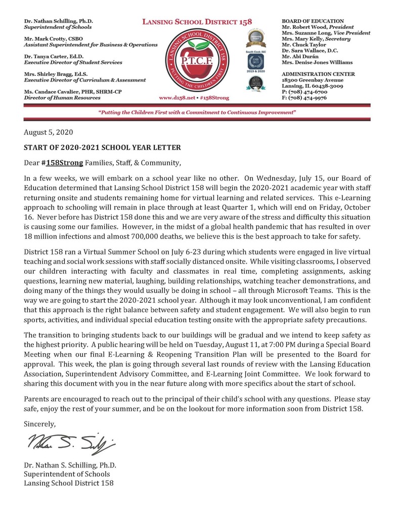 Start Of 2020 2021 School Year Lansing School District 158