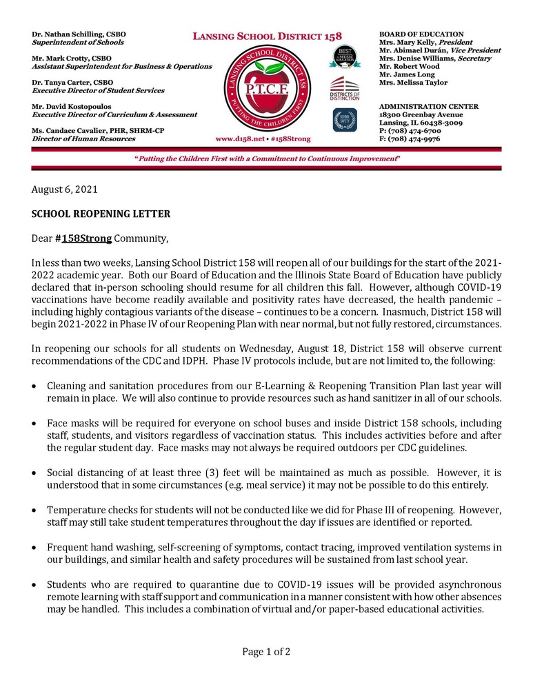 D158 School Reopening Letter 08-06-21