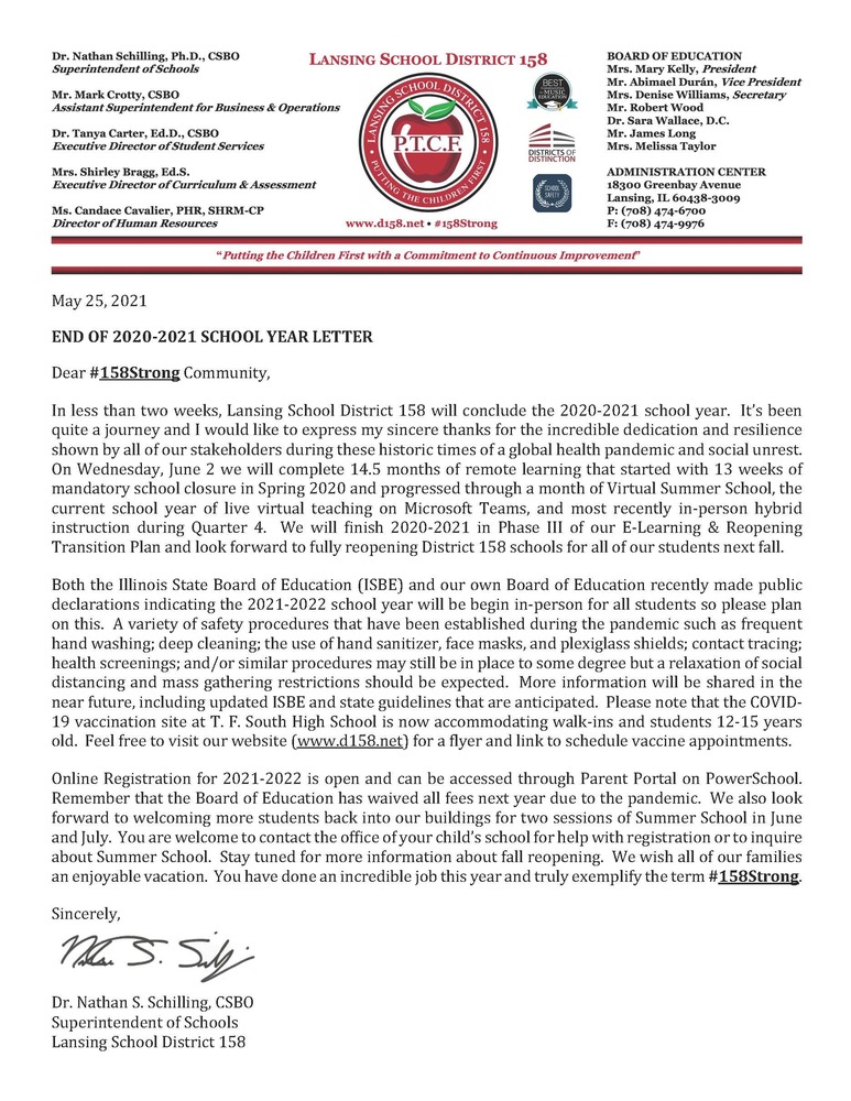 D158 End of 20-21 School Year Letter