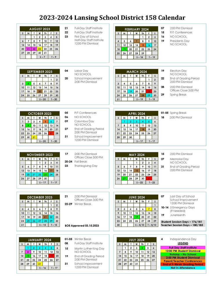 20232024 District Calendar Lansing School District 158