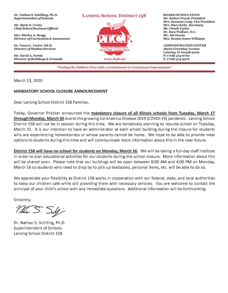 Mandatory School Closure Announcement