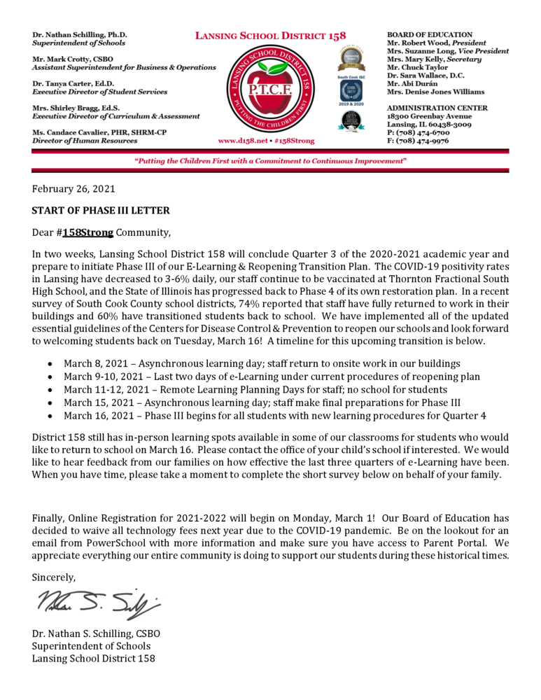 D158 Start of Phase III Letter