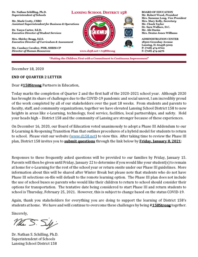 Letter from Dr. Schilling regarding the end of the first half of the 2020-2021 school year and our Phase III Reopening Plan
