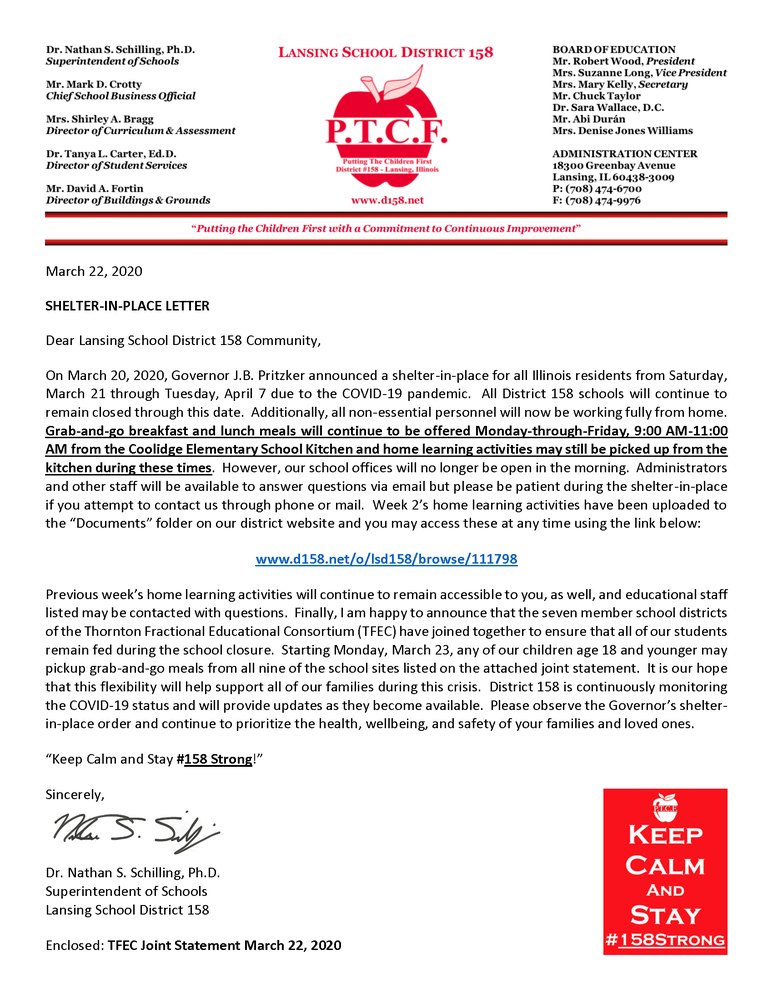 District 158 Shelter-in-Place Letter 03-22-20