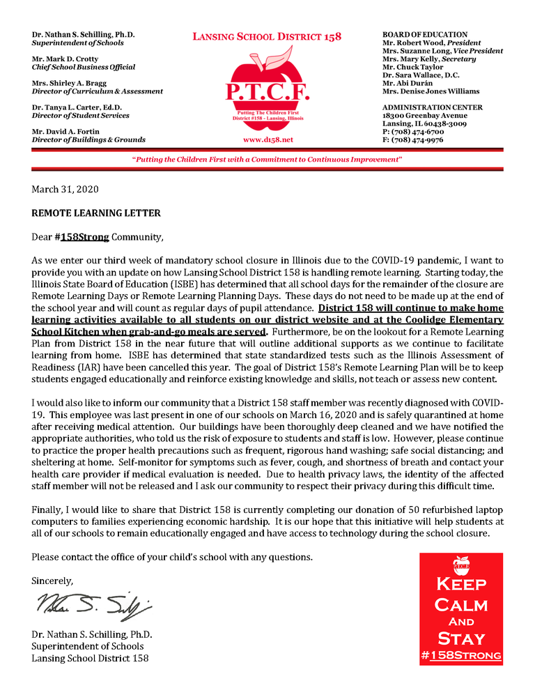 District 158 Remote Learning Letter