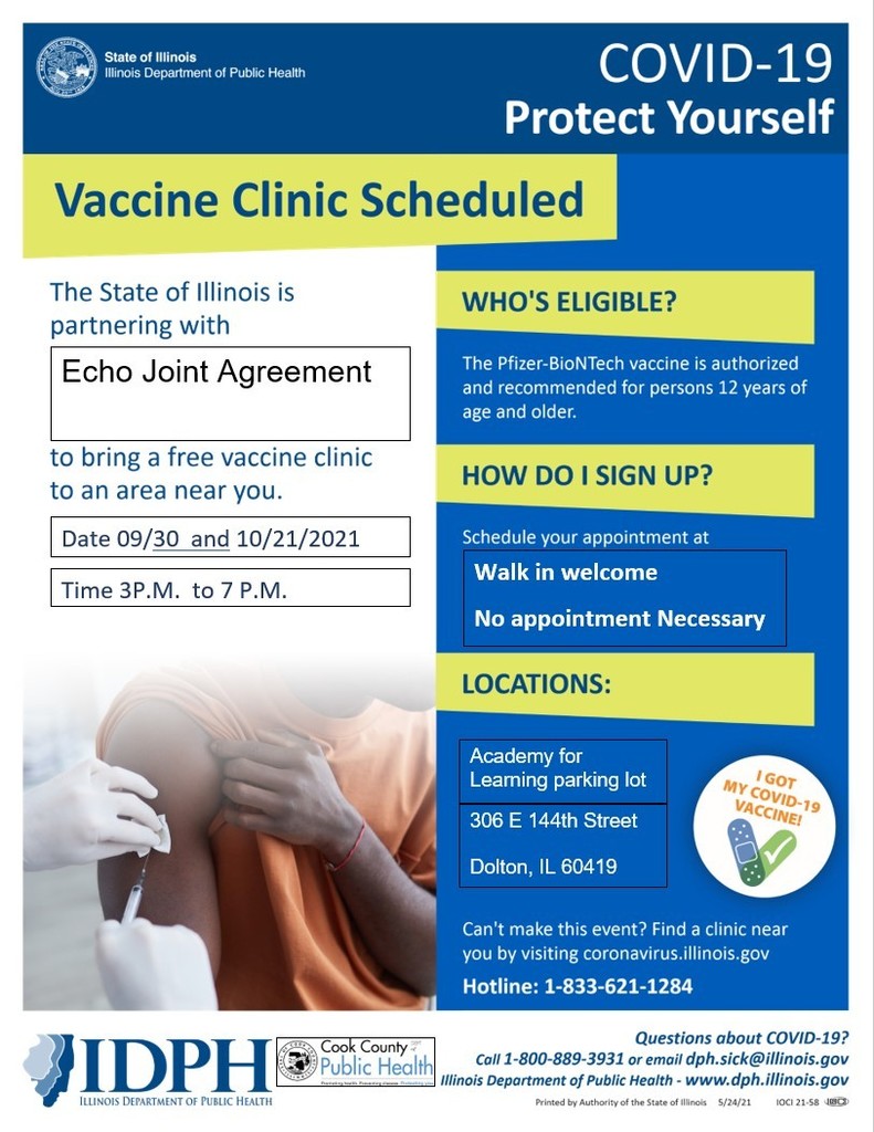 COVID-19 Vaccination Clinic - October 21 from 3:00pm to 7:00pm - 306 E 144th Street, Dolton, IL.