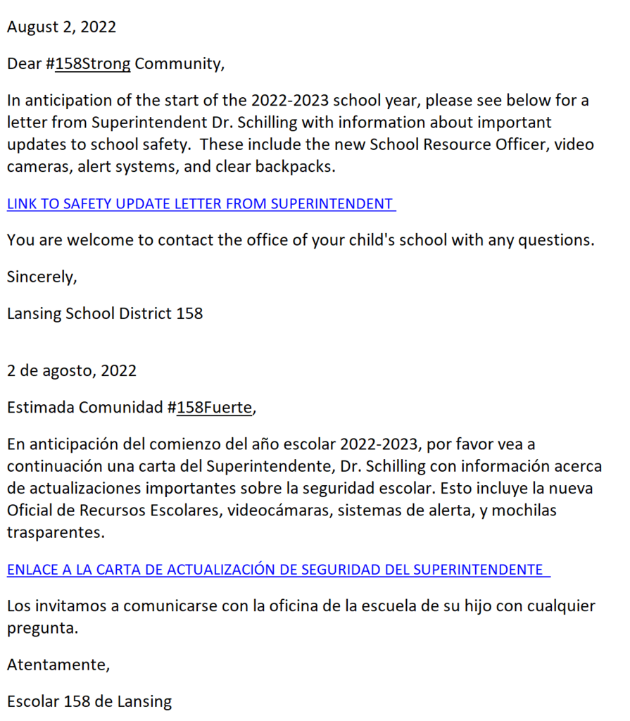 SAFETY UPDATE LETTER FROM SUPERINTENDENT   