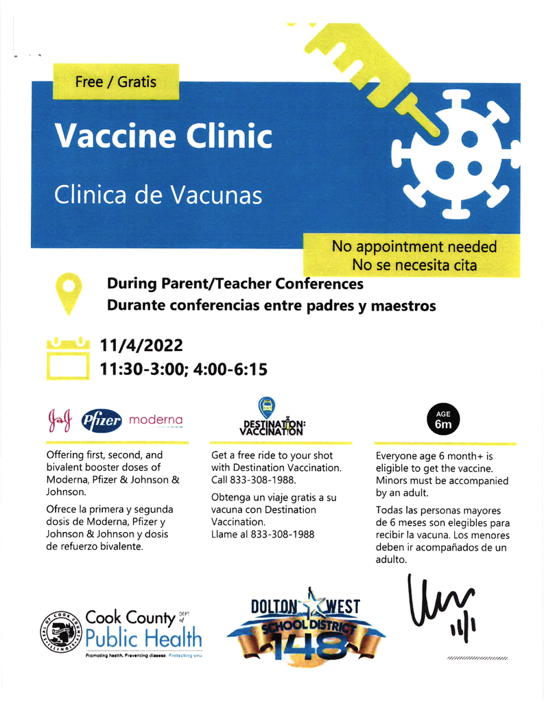 Vaccination Clinics in Dolton West School District 148 - Friday, November 4, 2022