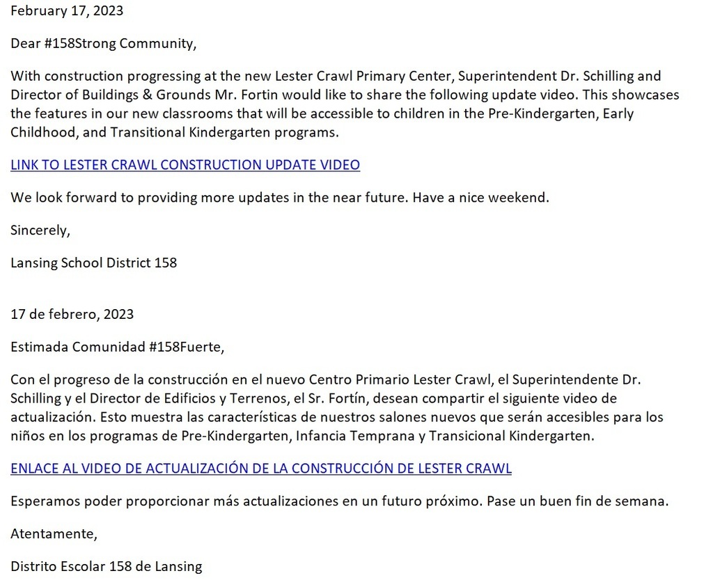 D158 Lester Crawl Construction Update 02-17-23