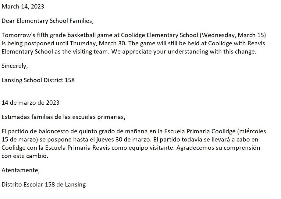 D158 Elementary Basketball Change 03-15-23